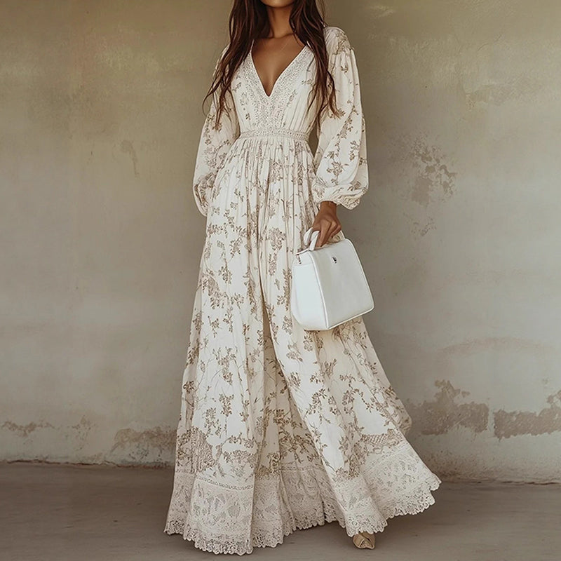 Women's Long Sleeve Printed Lace Maxi Dress