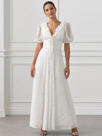 V-Neck Puff Sleeve Polka Dot Ruffle Maxi Dress