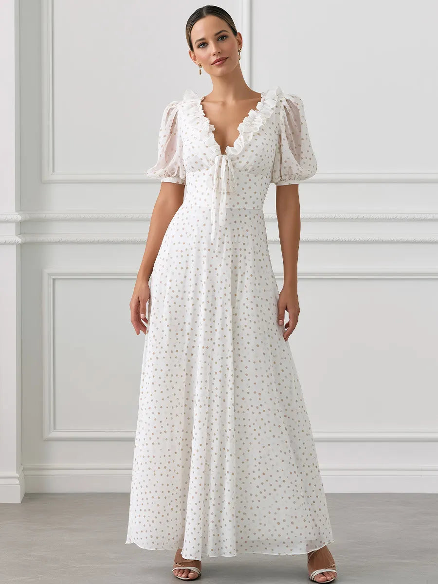V-Neck Puff Sleeve Polka Dot Ruffle Maxi Dress