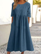 2025 spring and summer new round neck 5-quarter sleeve large size loose long cotton and linen dress