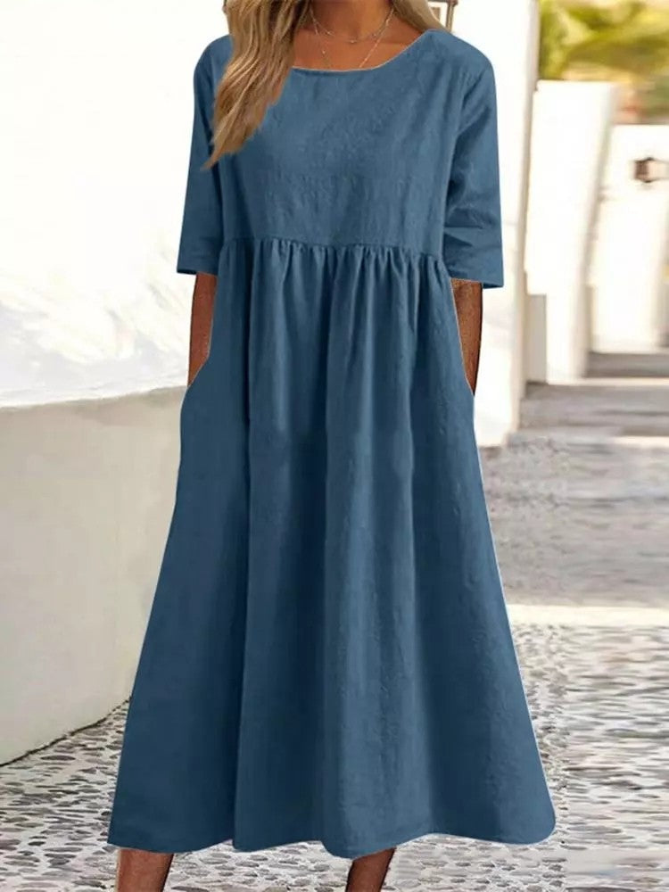 2025 spring and summer new round neck 5-quarter sleeve large size loose long cotton and linen dress