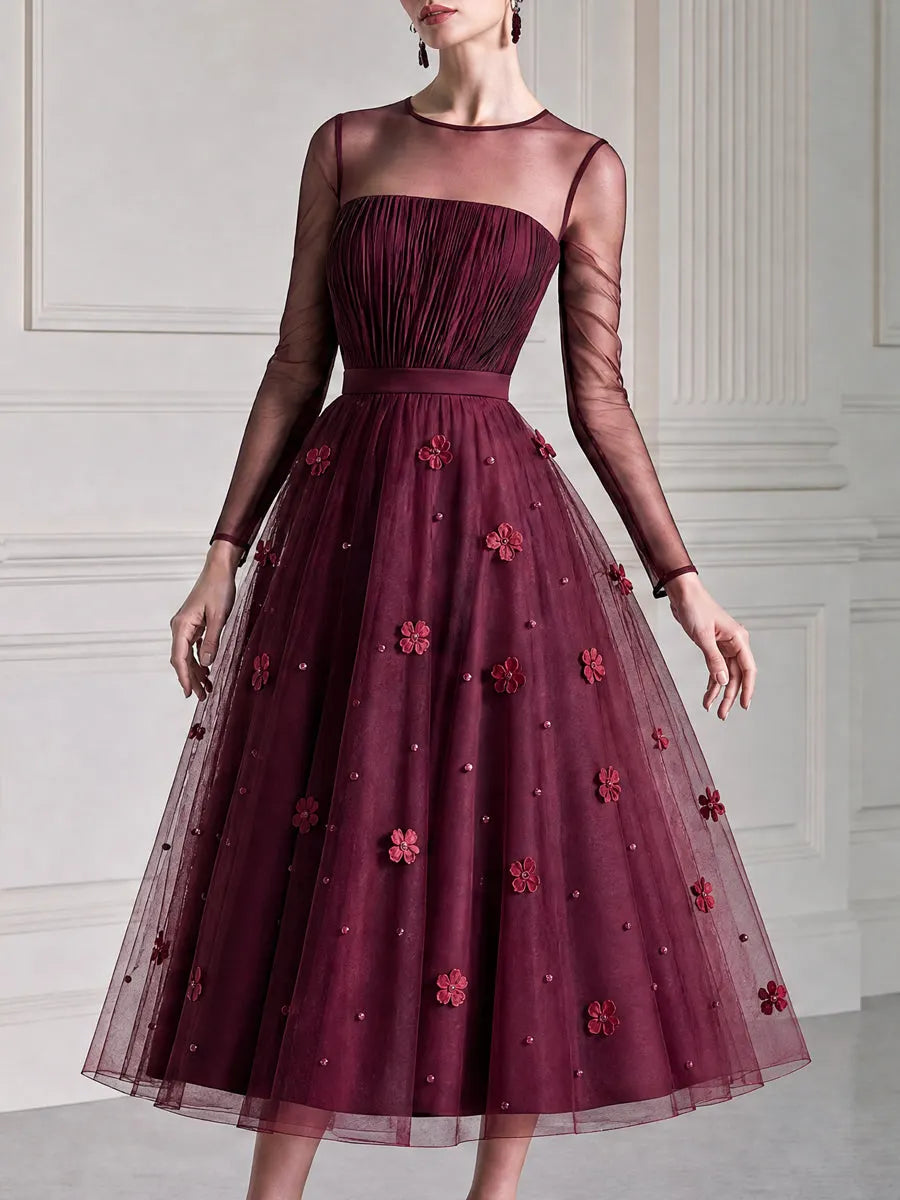 3D Floral Tulle Round Illusion Sheer Sleeve Midi Dress