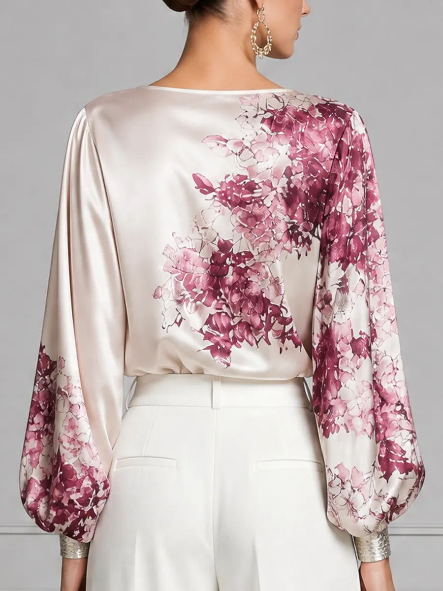 Ivory Floral Satin Lantern-Sleeve Shirt