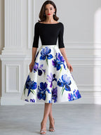 Black Color Block Watercolor Iris Print A-Line Midi Dress