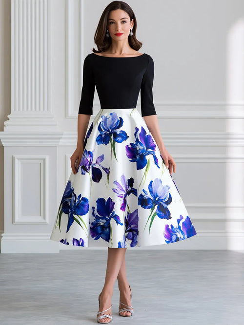 Black Color Block Watercolor Iris Print A-Line Midi Dress