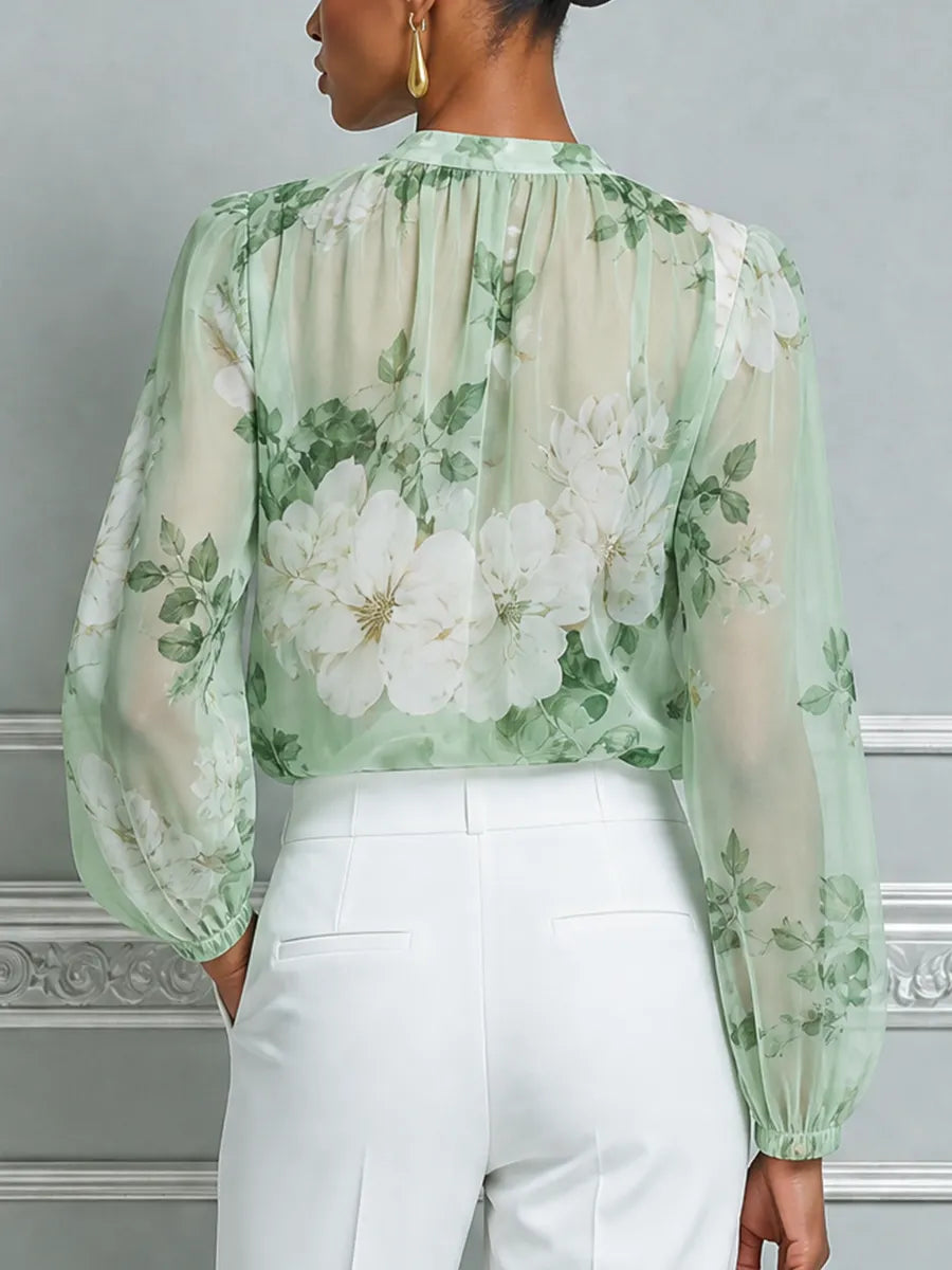 Mint Floral Chiffon Button Front Blouse