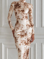Ivory Brown Floral Print High Neck Bodycon Midi Dress