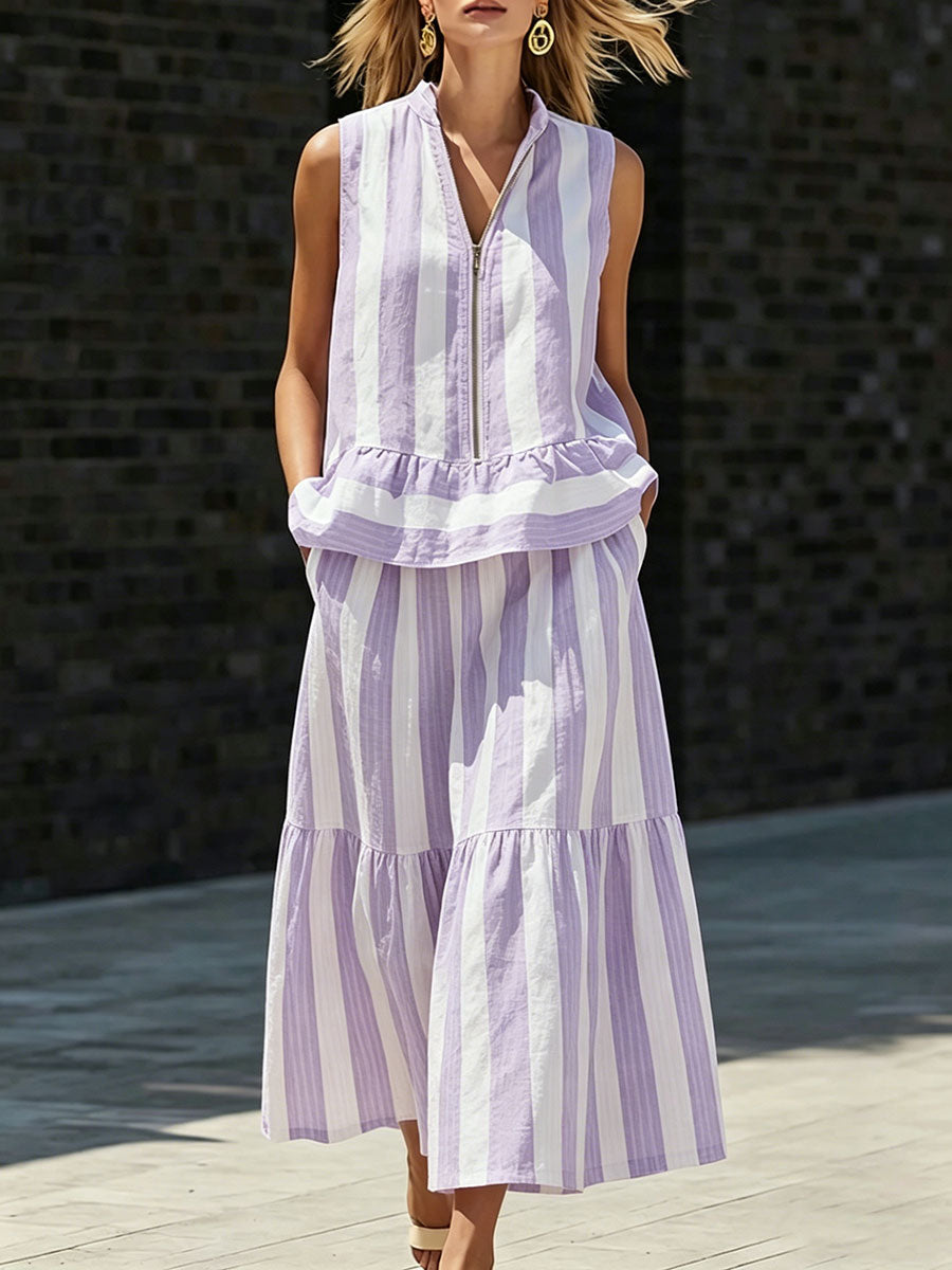 Women's Sleeveless Striped Maxi Dress & Zip-up Stand-collar Shirt Two-piece Set