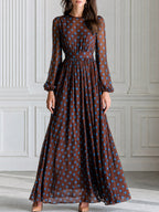 Brown And Blue Polka Dot Chiffon Maxi Dress