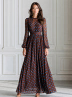 Brown And Blue Polka Dot Chiffon Maxi Dress