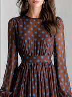 Brown And Blue Polka Dot Chiffon Maxi Dress