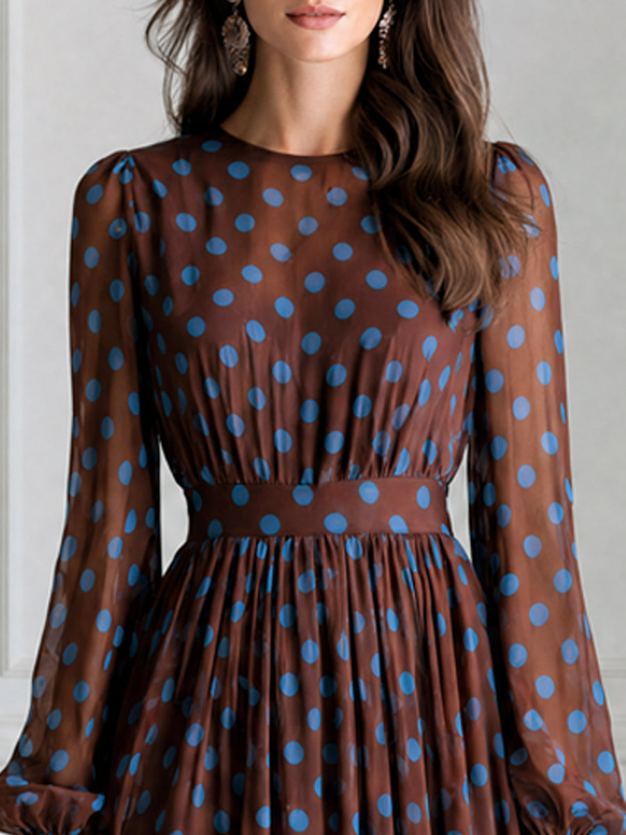Brown And Blue Polka Dot Chiffon Maxi Dress
