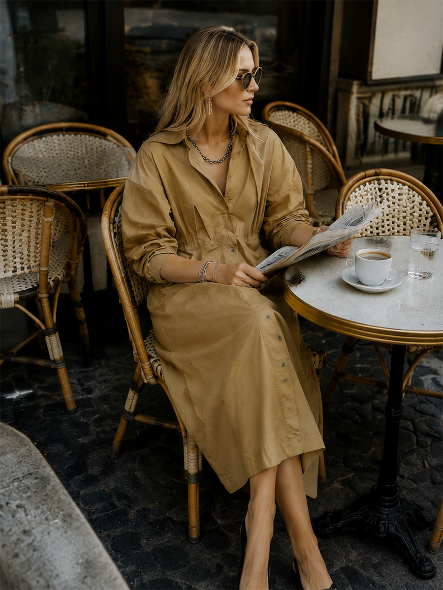 Relaxed Luxe Deep V Collared Utility Midi Dress
