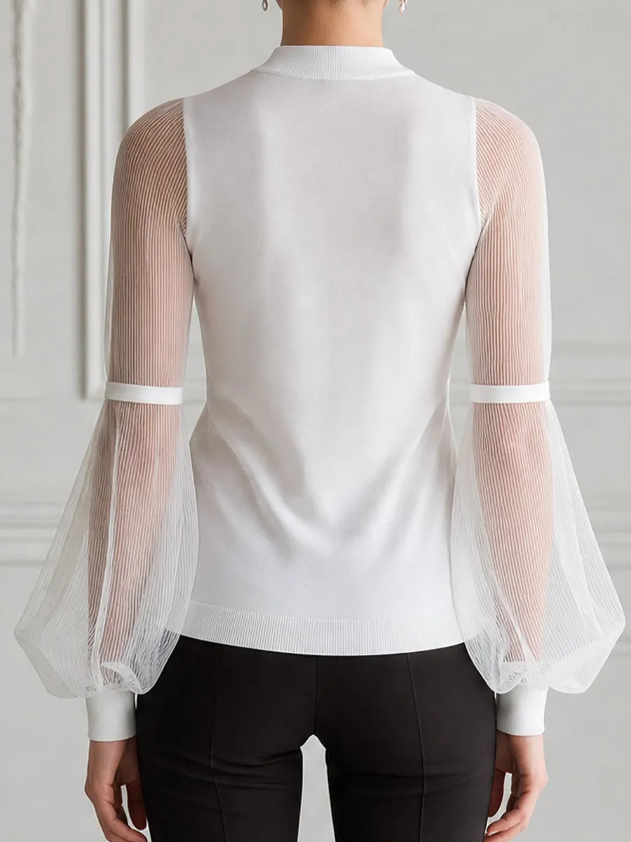 Mock-Neck Sheer Pleated Balloon Sleeve Knit Top