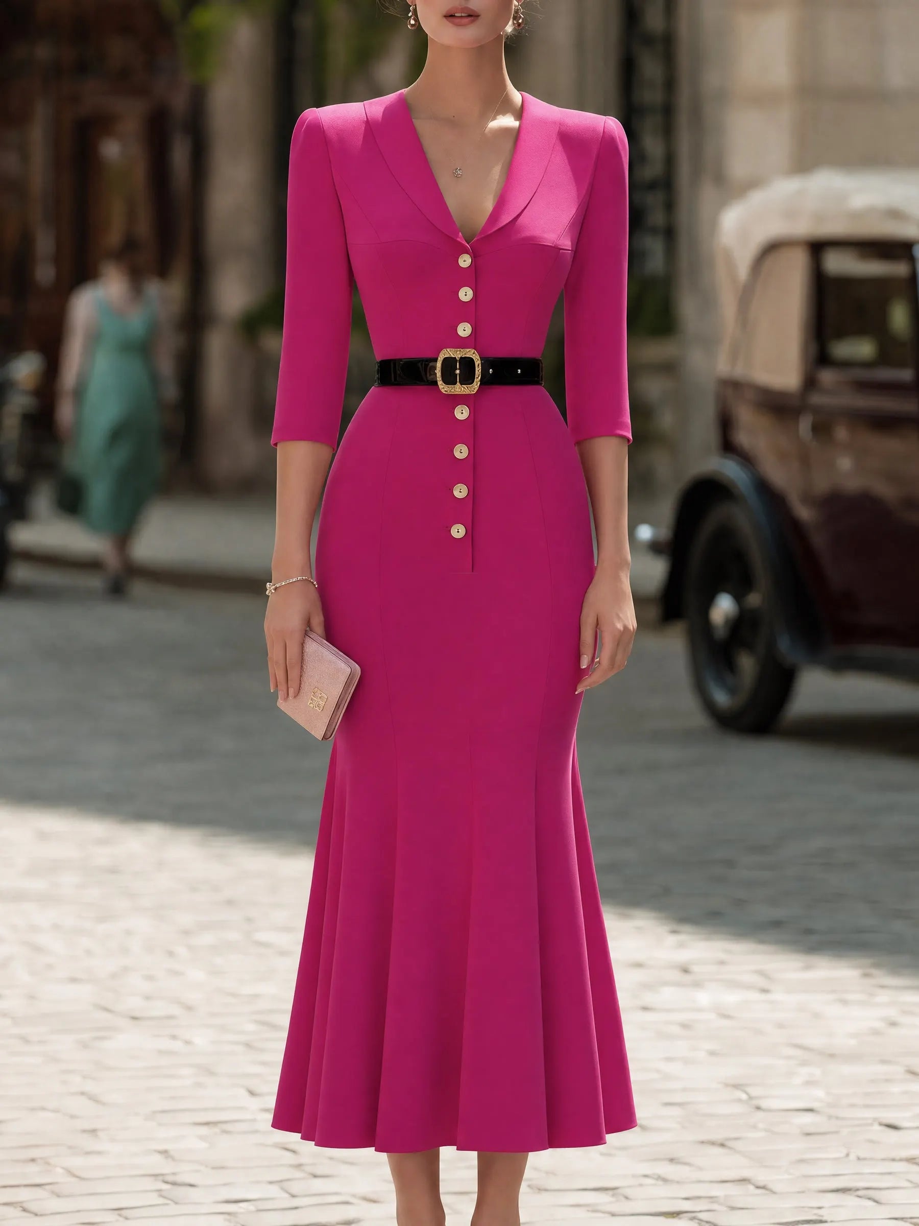 Notch-Collar Button-Front Mermaid Long Dress