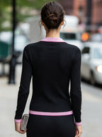 Contrast Collared Button-Front Knit Cardigan