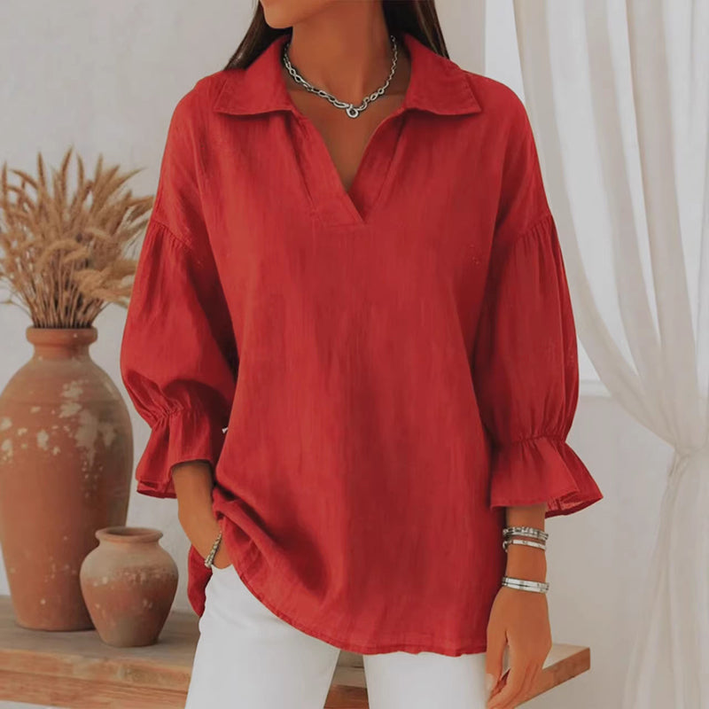 Women's Solid Color Collared Long Sleeve Loose Blouse