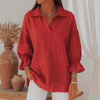 Women's Solid Color Collared Long Sleeve Loose Blouse