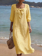 Stylish Square-neck Linen And Cotton Bow Dress