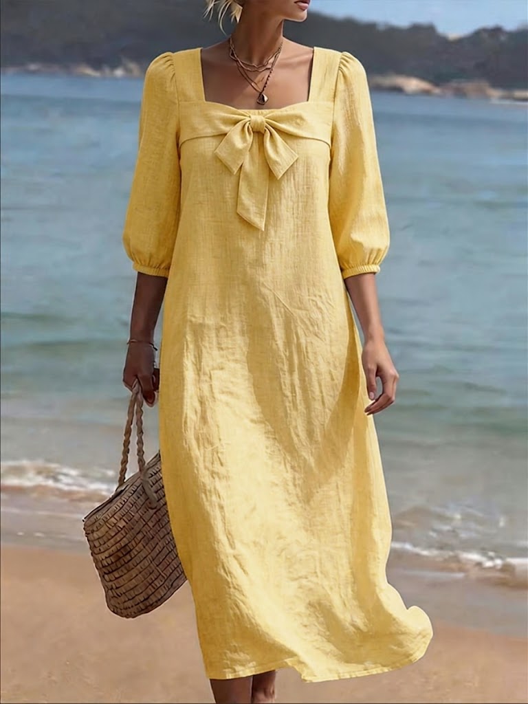 Stylish Square-neck Linen And Cotton Bow Dress