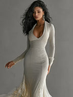 Deep V-Neck Long-Sleeved A-Line Mermaid Elegant Gown