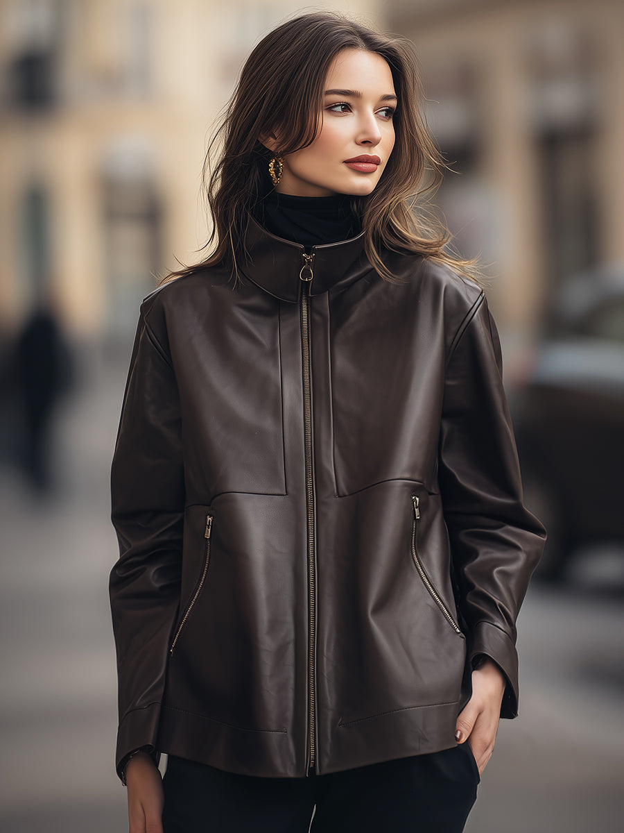 High-Neck Zip-Up Faux Leather Jacket