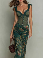 Vintage Lace Trim Striped Flower Print Maxi Dress
