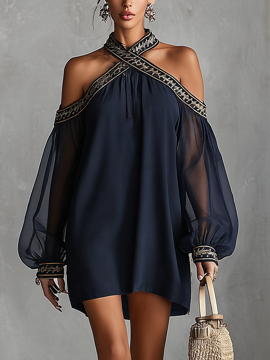 Women's Long-Sleeve Halterneck Casual Loose Chiffon Dress