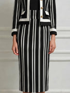 Black White Vertical Stripe Round Neck Gold Button Tailored Jacket & Pencil Skirt Two-Piece Suit Set