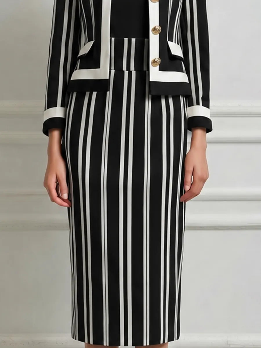 Black White Vertical Stripe Round Neck Gold Button Tailored Jacket & Pencil Skirt Two-Piece Suit Set