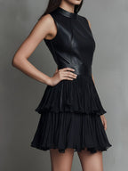 Chic Black Eco Leather & Pleated Chiffon Tiered Skirt Mini Dress