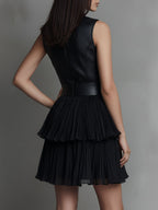 Chic Black Eco Leather & Pleated Chiffon Tiered Skirt Mini Dress