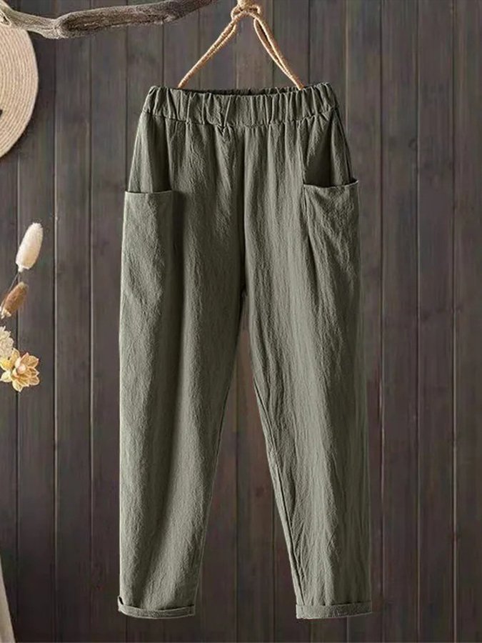 Women's Casual Pure Color Literary Cotton Pants