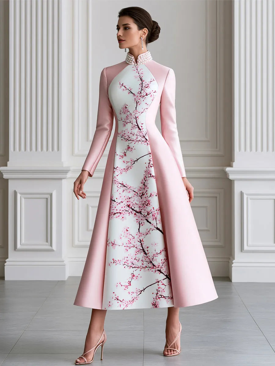 Pink Satin Plum Blossom Print Panel Stand Collar Maxi Dress
