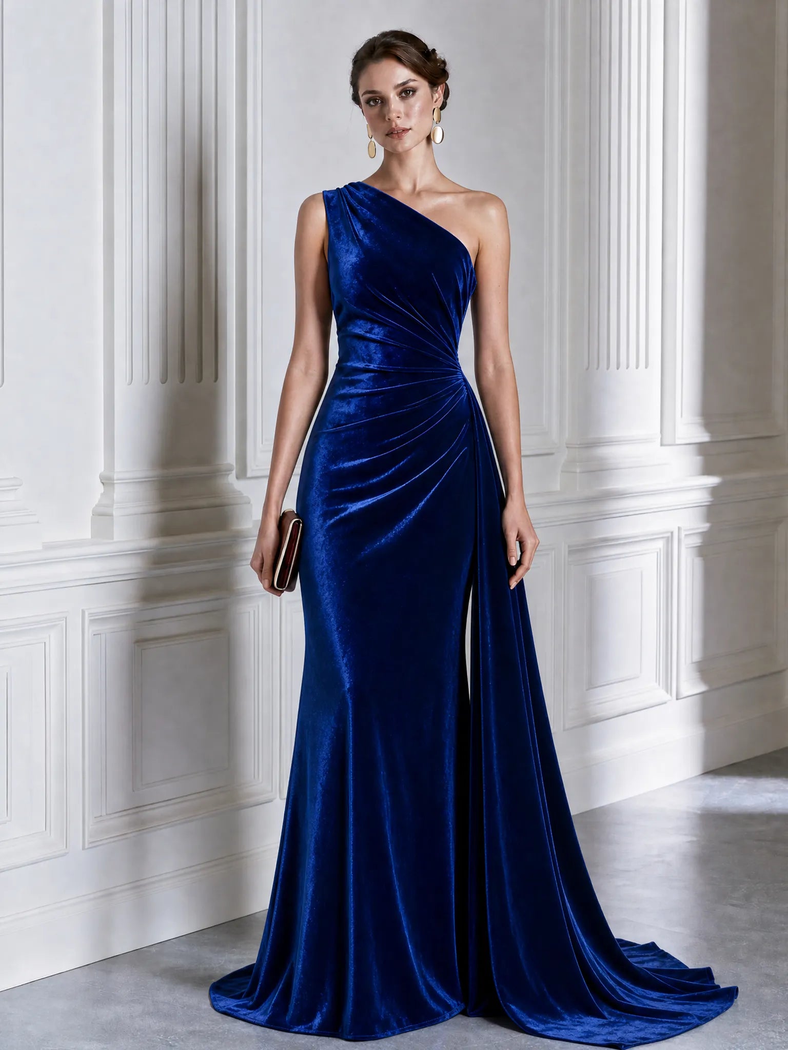 One-Shoulder Velvet Draped Mermaid Evening Gown