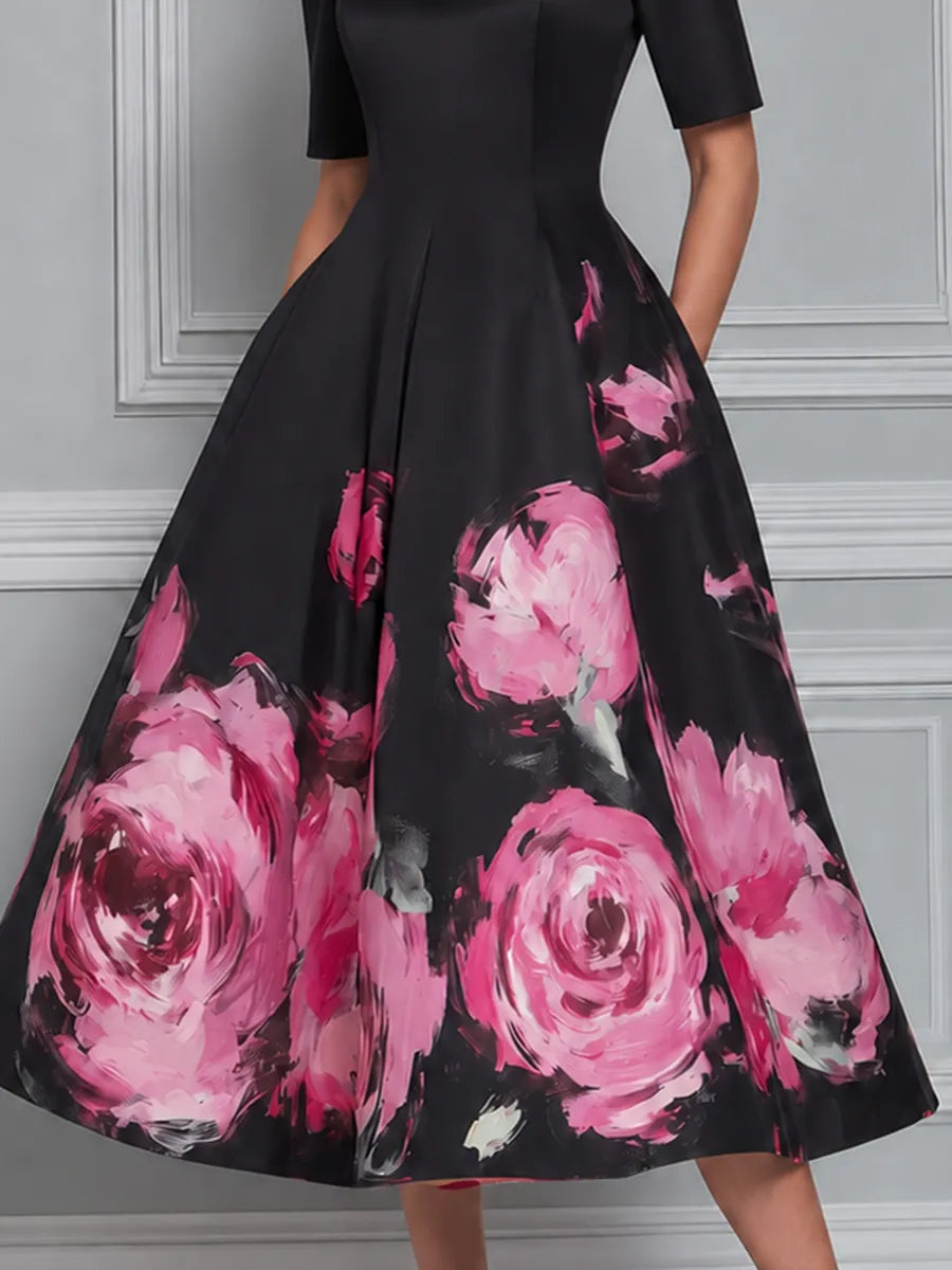 Black Watercolor Pink Rose Print Sweetheart Neck Fit And Flare Midi Dress