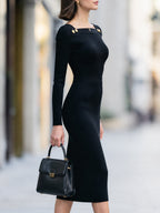 Ribbed Knit Bodycon Midi Dress With Gold Button Detail