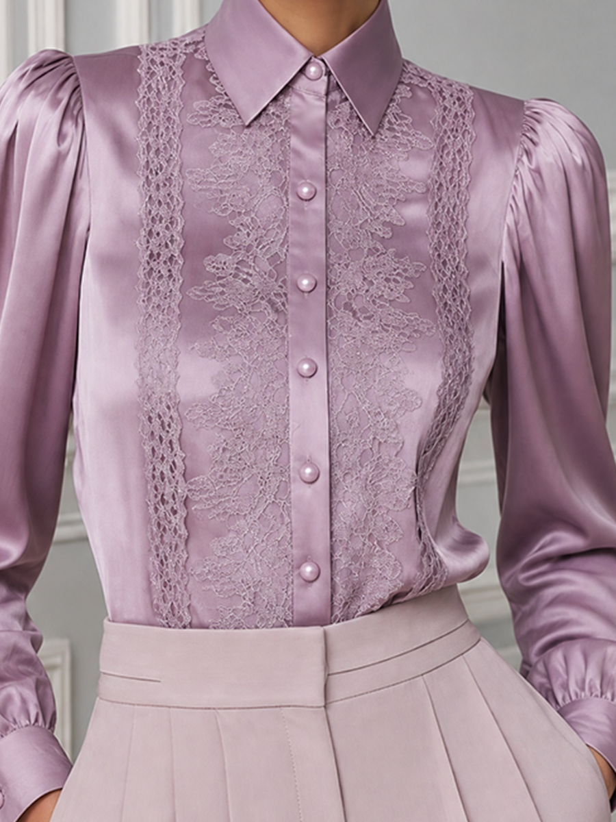 Mauve Satin Lace Puff Sleeve Button Front Blouse