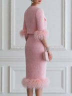 Elegant Pink Tweed Feather-Trim Two-Piece Set with Gold Buttons