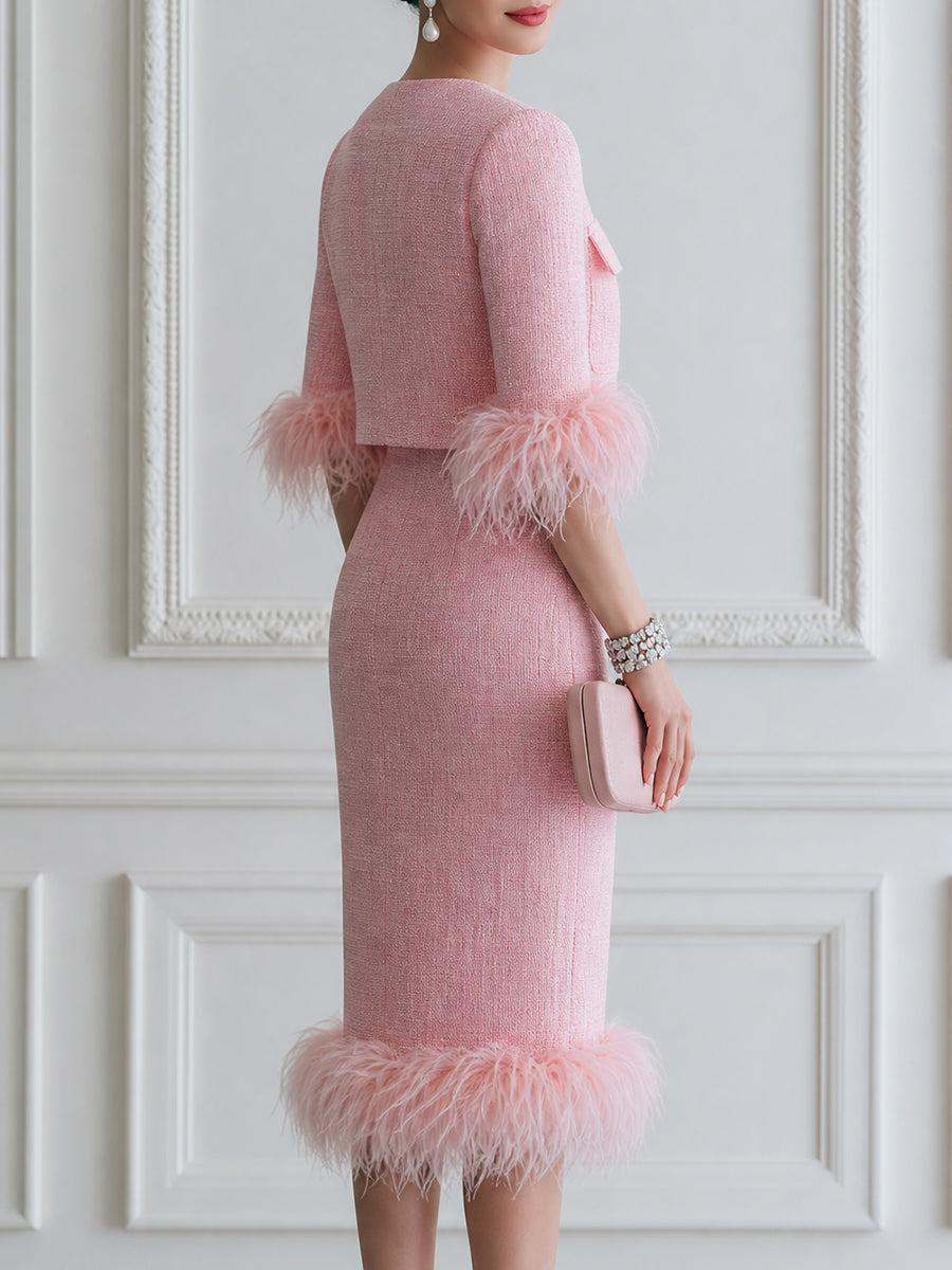 Elegant Pink Tweed Feather-Trim Two-Piece Set with Gold Buttons