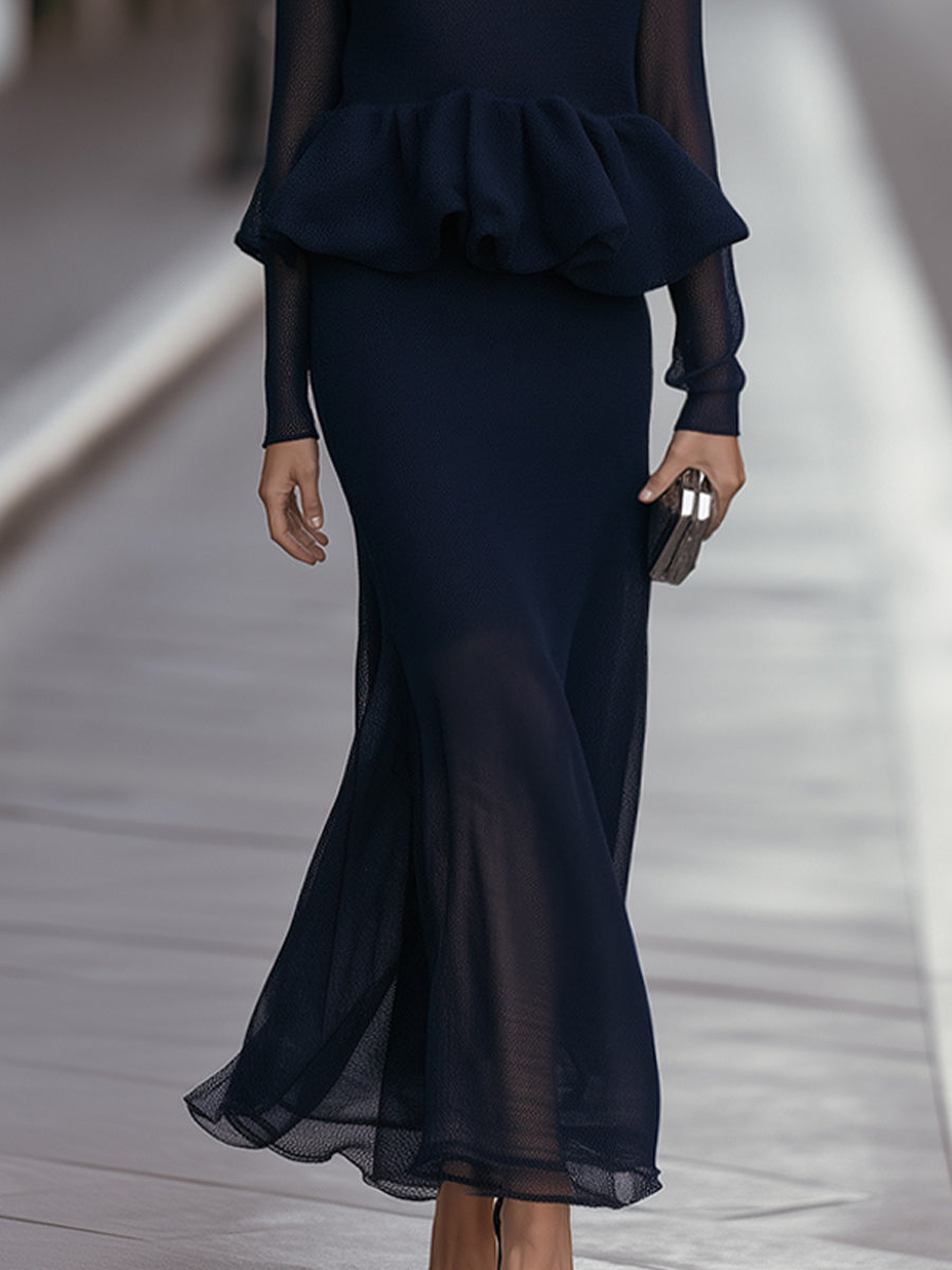 Peplum High-Neck Knit Top & Mermaid Maxi Skirt Two-Piece Set