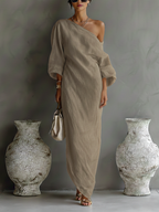 Women's Ivory White Cotton-Linen Blend One-Shoulder Flowing Elegant Dress