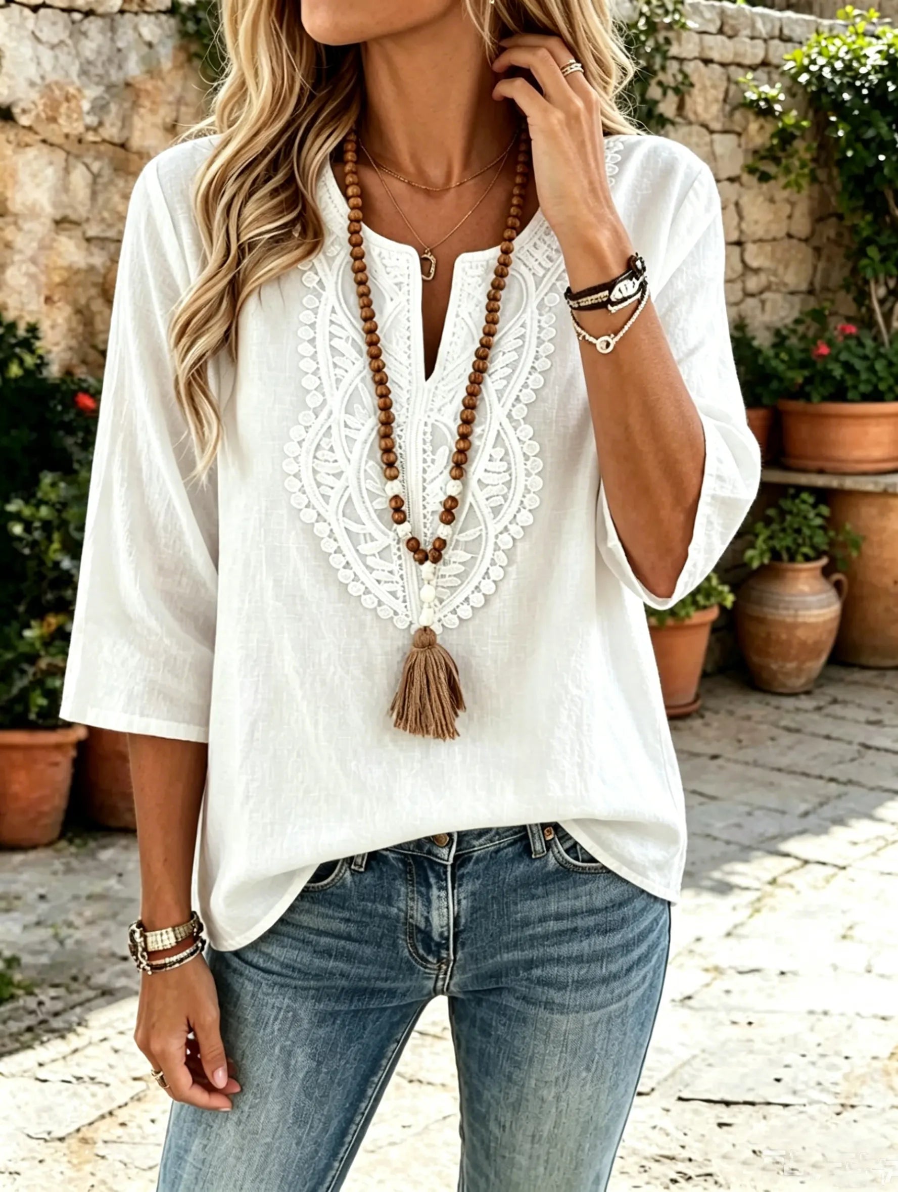 Women's Solid Front Eyelet Floral Embroidered V-Neck 3/4 Sleeve Linen Blouse
