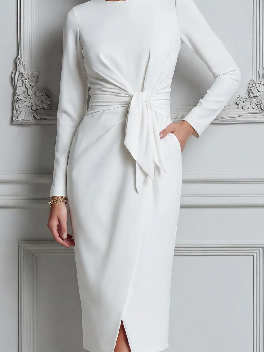White Dress Ruched Knot Waist Front Slit Pencil Midi Dress