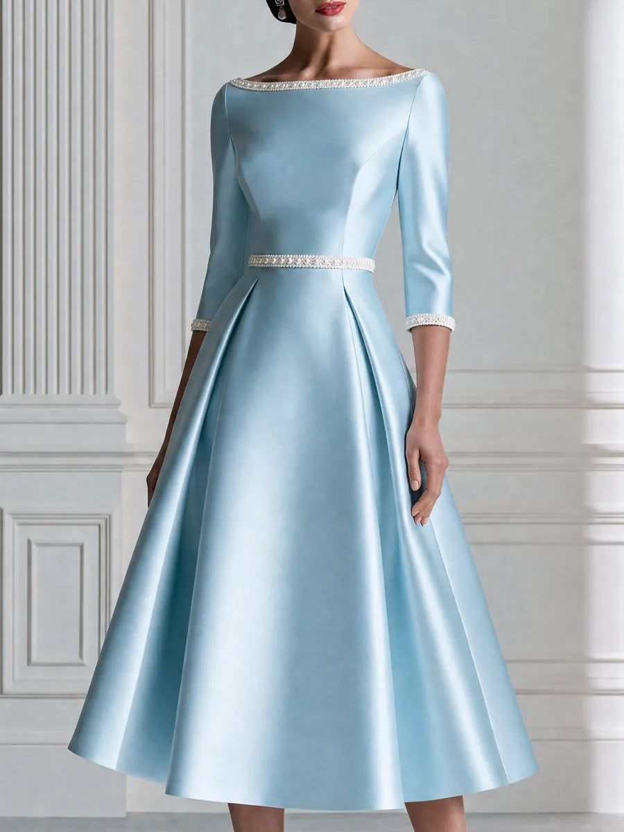 Off Shoulder Satin Pearl Trim A-Line Midi Formal Dress