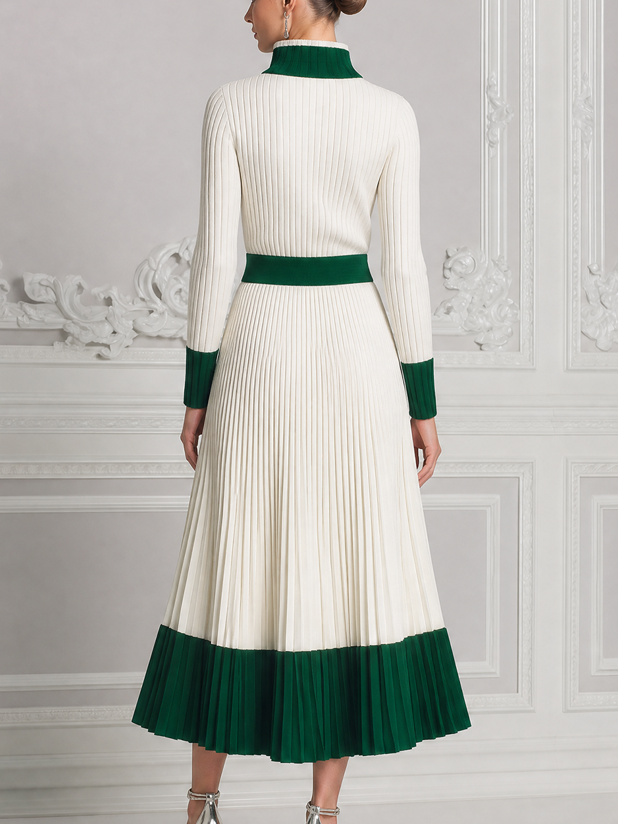 White Dress Preppy Stockholm Style Contrast Ribbed Knit Pleated Midi Dress