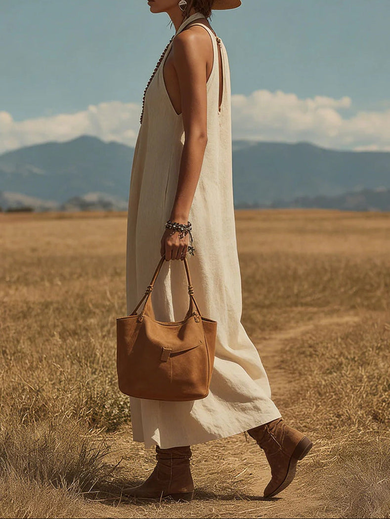 Western-Style Retro Sleeveless Maxi Dress with Contrast Binding