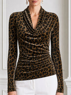 Leopard Print Velvet Cowl Neck Ruched Long Sleeve Top