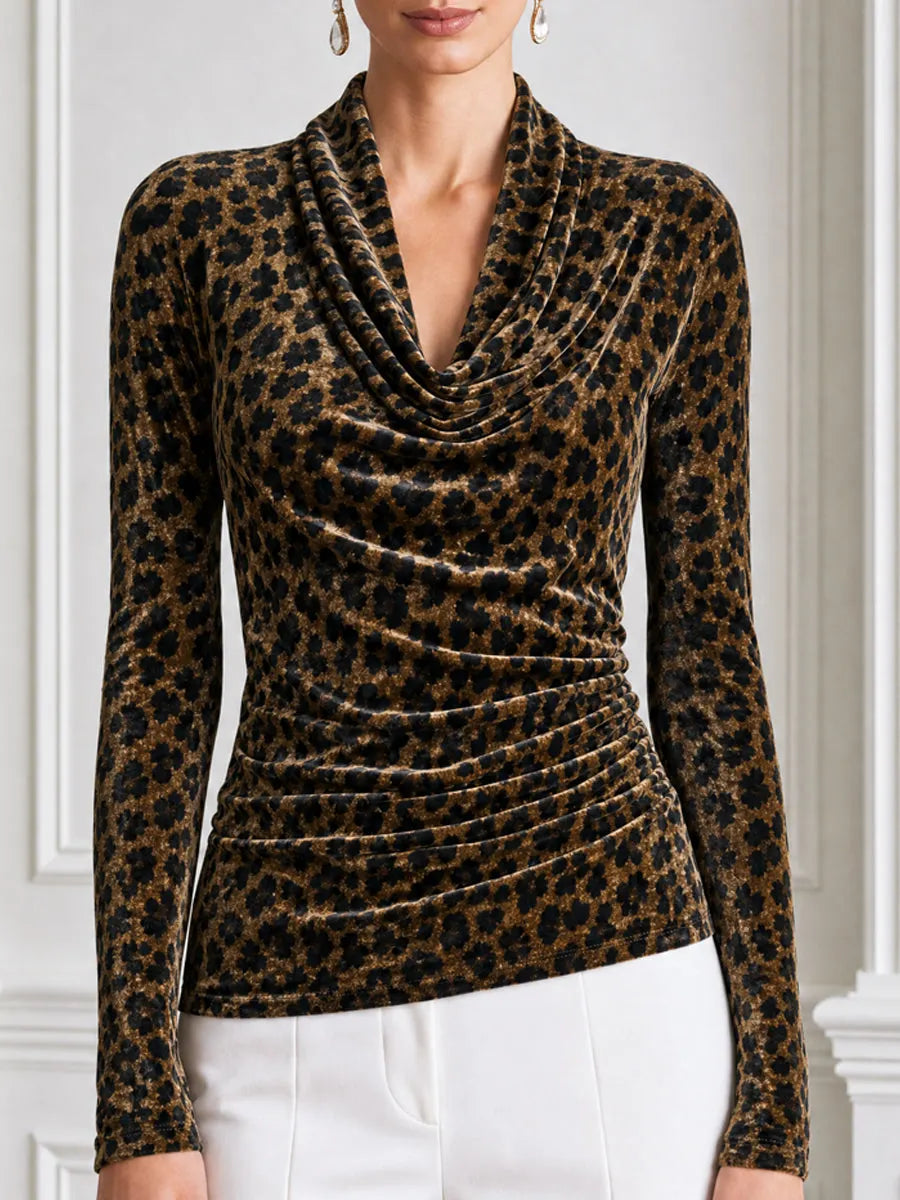 Leopard Print Velvet Cowl Neck Ruched Long Sleeve Top