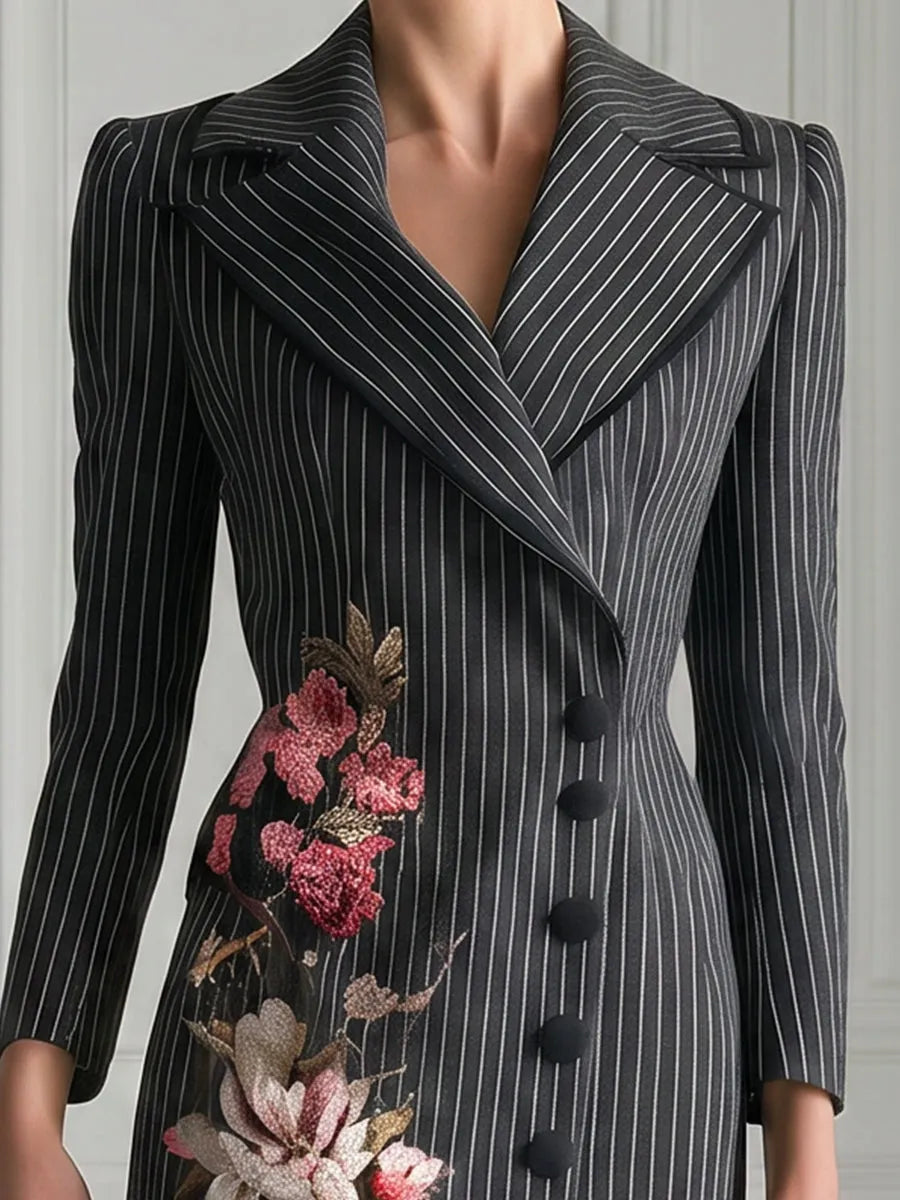 Floral Embroidered Pinstripe Tailored Blazer Dress